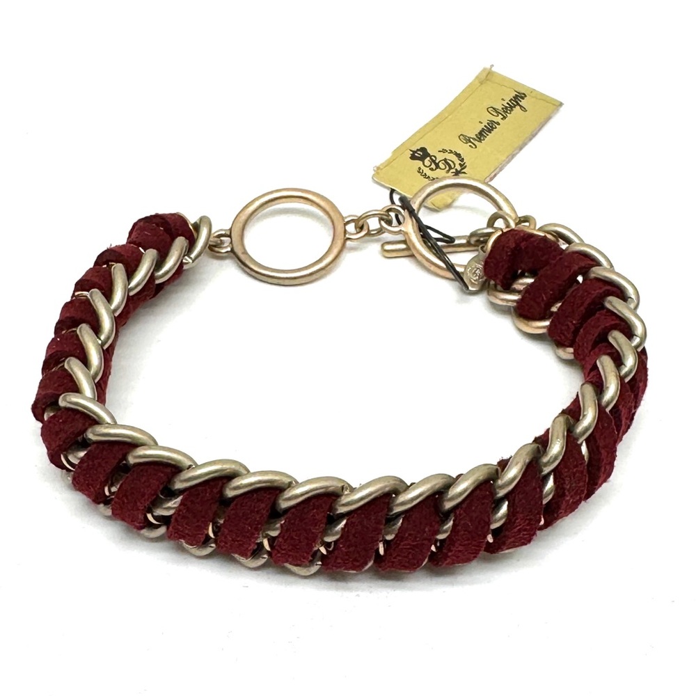 Premier Designs Red Suede and Goldtone Woven Chain Link Bracelet